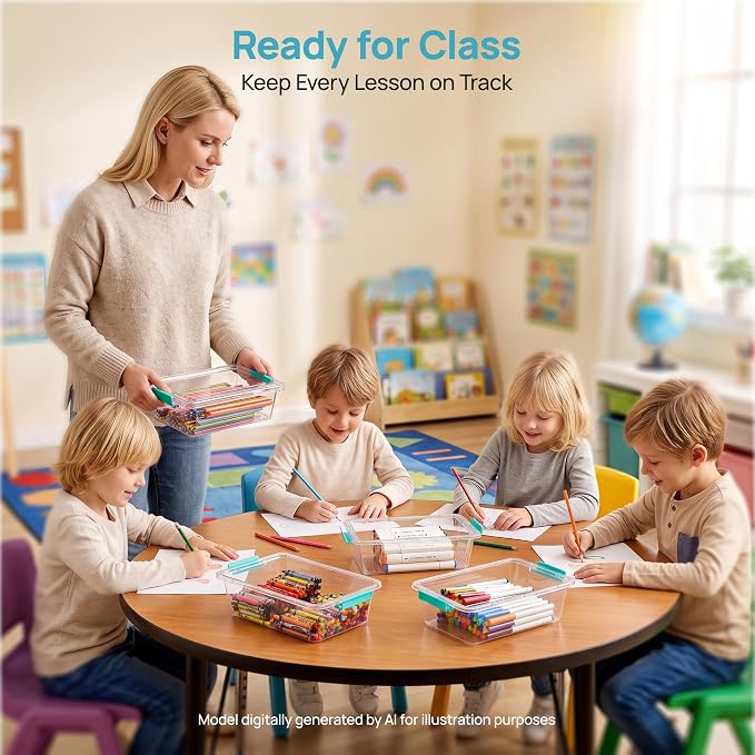 Vtopmart 4 Pack 3 Qt Clear Storage Bins with Lids for Building Blocks，Craft | Stackable Plastic Organizer Box for Home, Classroom, Office, Craft Room, Small Containers for Art Supplies, Stationery