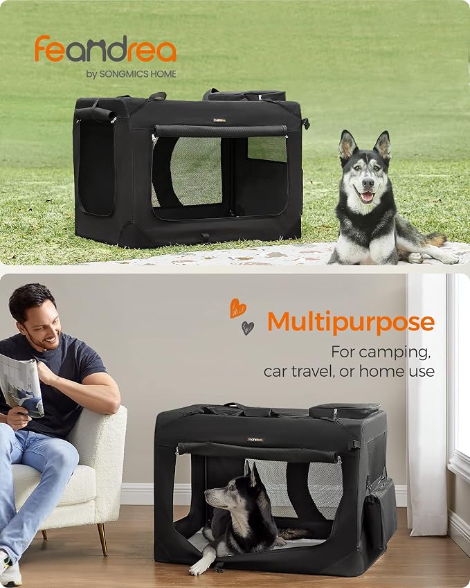 Feandrea Collapsible Soft Dog Crate, Portable Travel, 36 Inches | Dog Carrier Kennel with Safety Zippers for Living Room, Car, Travelling, Black UPDC90H