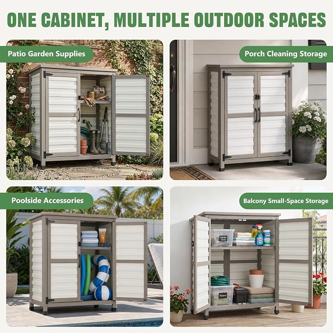 Ketive Outdoor Storage Cabinet, 32" Small Patio Storage Cabinet with Rust-Free Plastic Door Panels, 2-Tier Garden Cabinet for Porch, Balcony, Poolside, Backyard, Garden Supplies & Cleaning Supplies
