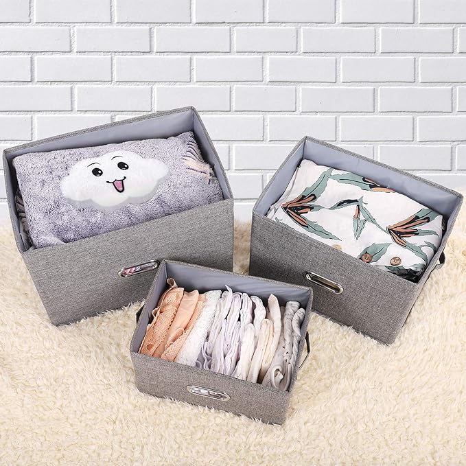 Large Linen Fabric Foldable Storage Bins with Removable Lid and Handles, Washable Storage Box Organizer Containers Baskets Cube with Cover for Bedroom,Office(Pink, Medium(2-Pack))