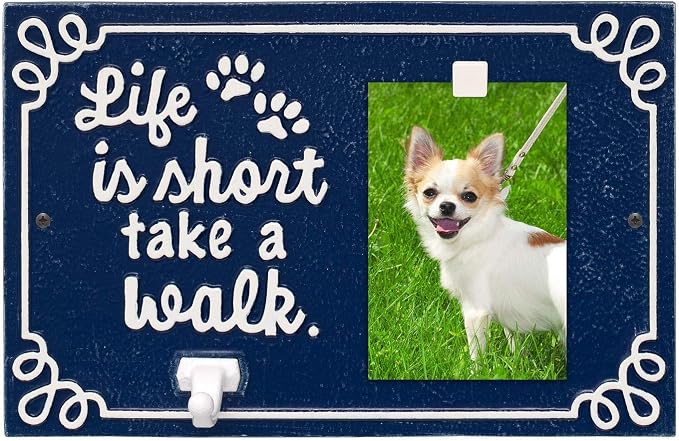Whitehall Pet Photo Plaque Leash Hook - Cast Aluminum Life is Short Take a Walk Keepsake Animal Paw Print Wall Sign and Leash Holder with Picture Clip - Blue/White