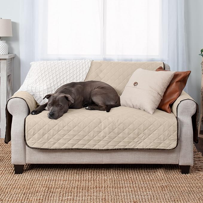 Furhaven Water-Resistant & Reversible Loveseat Cover Protector for Dogs, Cats, & Children - Two-Tone Pinsonic Quilted Living Room Furniture Cover - Espresso/Clay, Loveseat