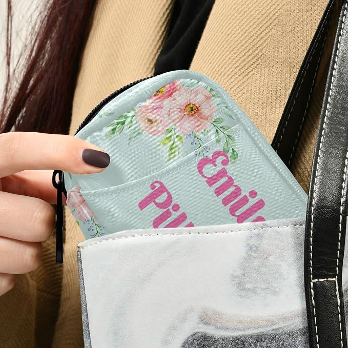 Custom Pill Box 7 Day Pill Case Bag Pink Flowers Watercolor Personalized Name Travel Pill Organizer Bag with Zipper Portable Weekly Case Compact Size for Vitamin Supplement Holder