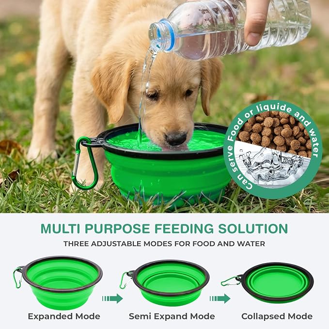 Collapsible Dog Bowls for Travel, Green | Portable Dog Water & Food Bowl for Dogs and Cats, Foldable Pet Feeding Dish, Walking Hiking Camping, Carabiner, BPA Free