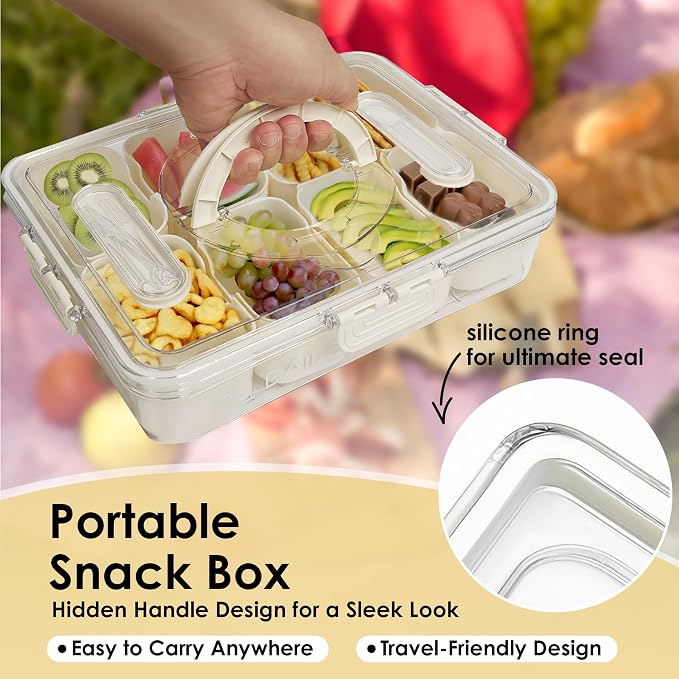 Snackle Box with Lid and Handle – Divided Snack Tray Organizer, Snack Organizer with Spoon & Fork for Travel, Charcuterie, Candy, Parties & Meal Prep