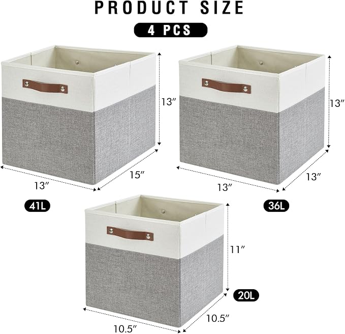 13x15x13 Storage Cube Bins, Foldable Storage Organizer Baskets, Fabric Cube Storage Boxes with 2 Reinforced PU Handles for Kallax, Shelves, Living Room | 4 Pack, Gray & White