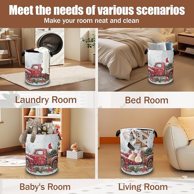 Laundry Basket Merry Christmas Collapsible Laundry Baskets Waterproof Oxford Cloth With Handles,Red Truck Laundry Hamper Clothes Storage Bucket Toy Organizer for Bathroom/Nursery/Bedroom 16" x 20.8"