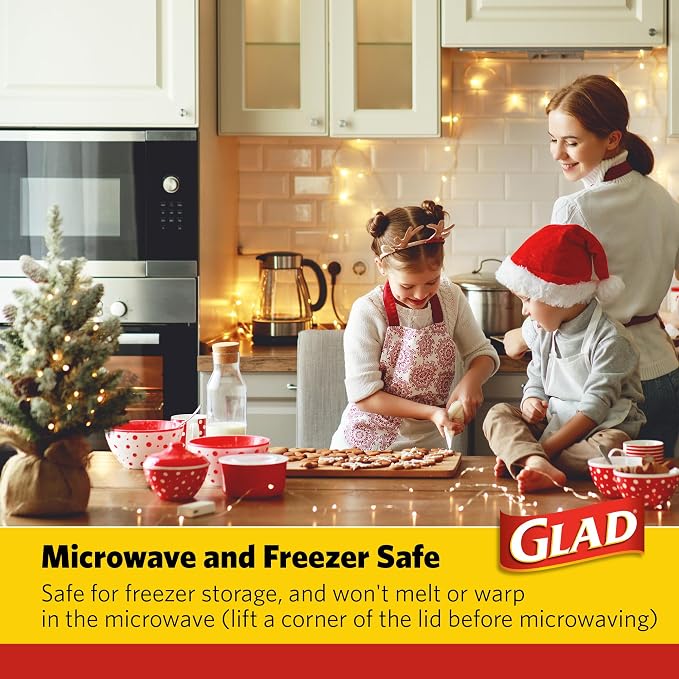 Glad GladWare Holiday Food Storage Containers, Large Square, 42 Oz, 3 Count | BPA-free plastic, reversible gift tags included, microwave, freezer, and dishwasher safe, 42 oz, gifting