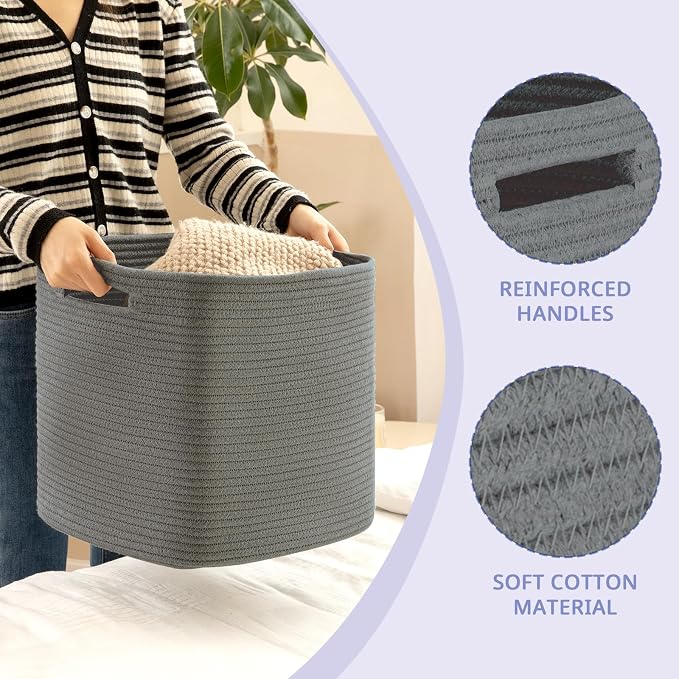 OIAHOMY 2 PACK Cube Storage Bin 13 Inch Collapsible Storage Cube Dark Grey | Cube Storage Organizer Storage Bins for Shelves Baskets for Organizing Woven Rope Storage Baskets