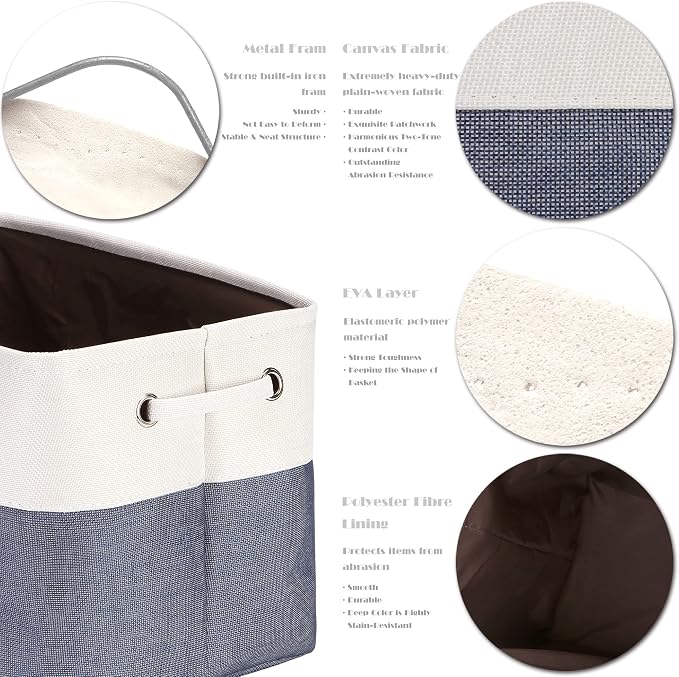 Sea Team Large Rectangle Canvas Open-Top Storage Baskets, 3-Pack | Collapsible Fabric Storage Bins with Handles, Closet Shelf Organizers, 15 x 10 x 10 Inches, Denim & White
