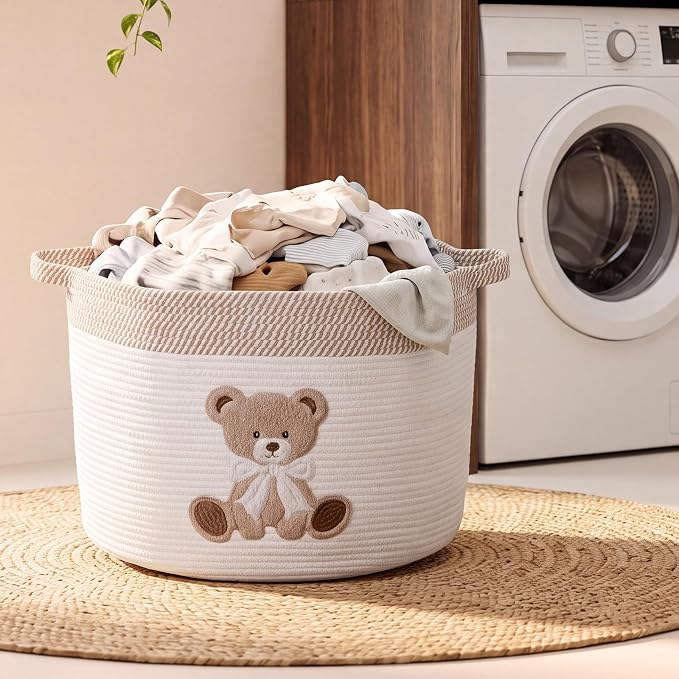 LemonRoad Extra Large Basket 20"x14", Woven Basket for Laundry Blanket Toy Box with Handle Storage, Blanket Storage for Living Room Nursery Pillows Chest(Cotton Rope,Bow Bear,Brown White)