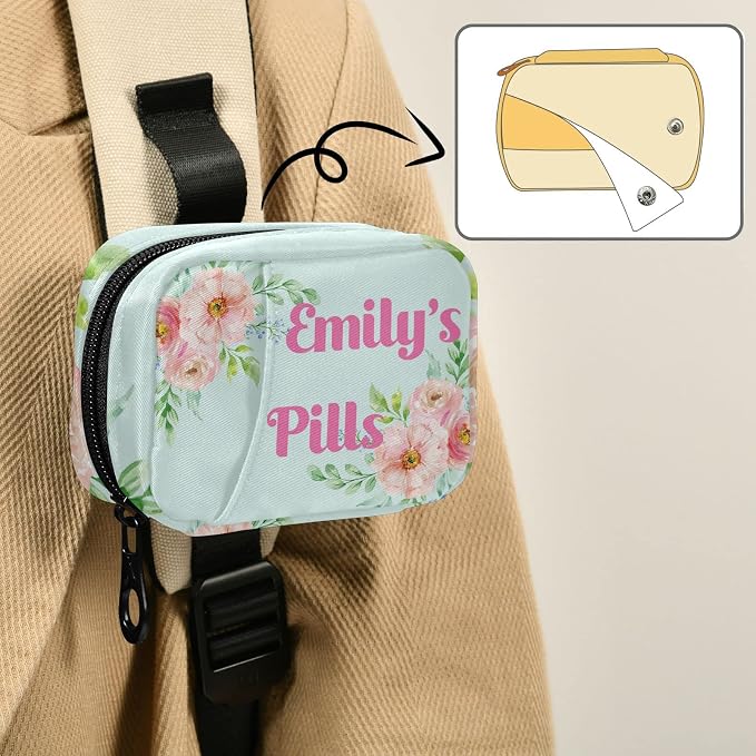 Custom Pill Box 7 Day Pill Case Bag Pink Flowers Watercolor Personalized Name Travel Pill Organizer Bag with Zipper Portable Weekly Case Compact Size for Vitamin Supplement Holder
