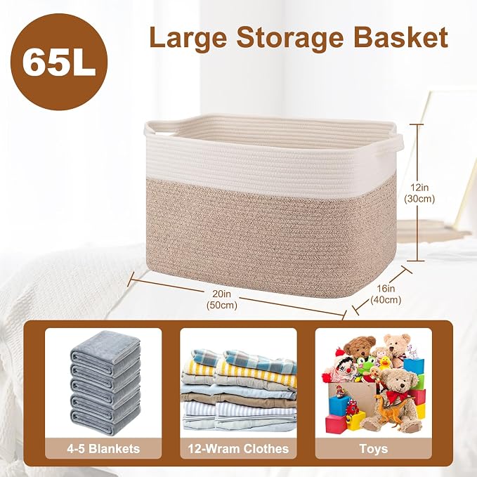 OIASKET Blanket Basket for Living Room, Cotton Rope Basket for Storage, Toy Baskets Bin for kids, Woven Baskets with Handles for Clothes, Towels, Pillows, 20" x 16" x 12", Brown and White