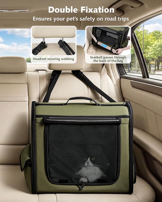 Dog Car Carrier Light Weight 19.7×16.9×14.8in, Foldable Dog Carrier, Green | Easy to Assemble, Portable and Breathable Pet Carrier, Suitable for Indoor and Outdoor Use, Dog Travel Crate with Curtain