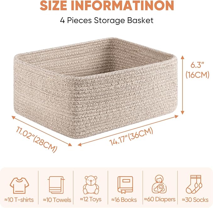 OIAHOMY 4 Pack 14.17 * 11.02 * 6.3IN Storage Baskets for Organizing Shelves, Woven Rope Baskets for Organizing Books, Clothes, Decorative Basket for Living Room, Nursery, Bedroom, Gift Basket, Brown
