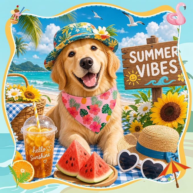 50 Pcs Summer Hawaiian Dog Bandanas Bulk Tropical Flower Pattern | Triangle Kerchief Bibs Scarf Set for Pets Hawaii Party Costume Photo Props Accessories, 25 Styles, 31.5 x 21.7 x 21.7 Inch