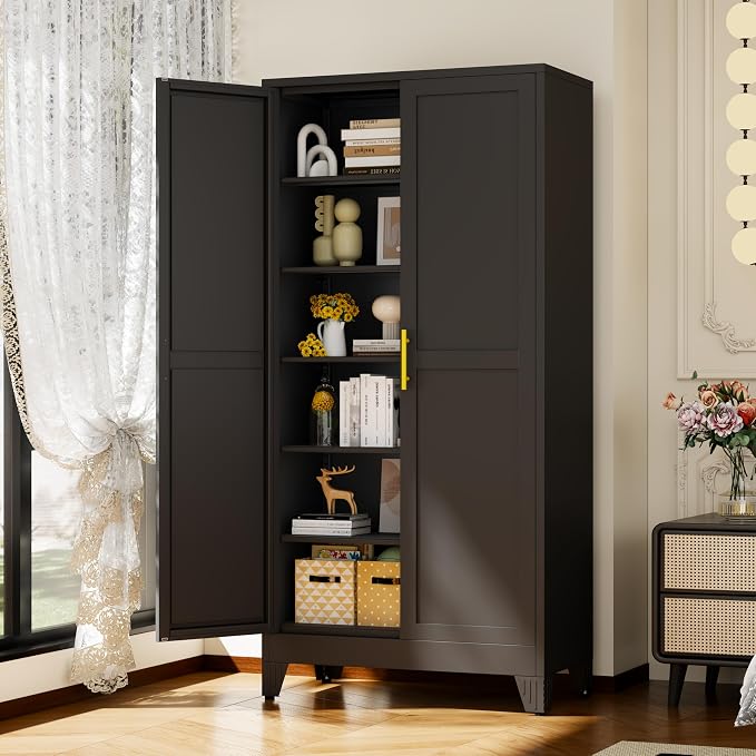 Black Metal Storage Cabinet,75" Steel Cabinets for Home Office | Kitchen Pantry Storage Cabinet with Doors and 5 Adjustable Shelves, Tool Cabinets, for Office, Home, Garage, School, 36W
