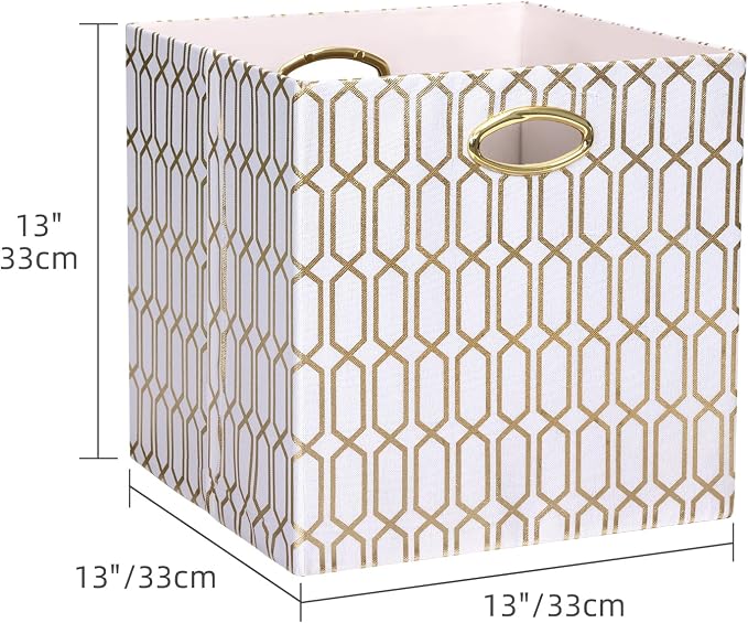 13x13x13 Storage Cube Bins, Collapsible Storage Bins Fabric Storage Cubes Organizer Baskets Box Drawers for Shelves, Closet, Wardrobe, Bookshelf, Cabinet, 4 Pack, White/Shiny Gold, AG4000202