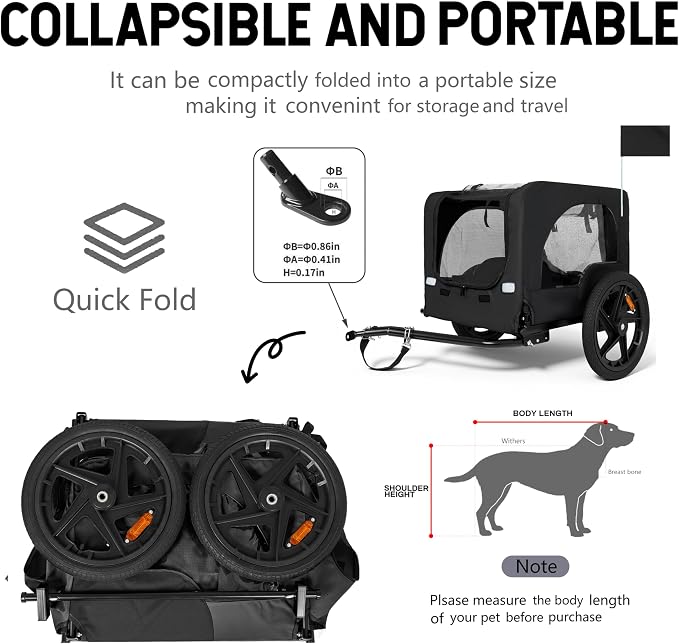 KEIKI Dog Bike Trailer with Built-in Leash, Pet Stroller Cart Bicycle Carrier, Easy Folding Cart Frame with Front Caster & 16" All-Terrain Wheels & Universal Hitch, Supports up to 66 lbs