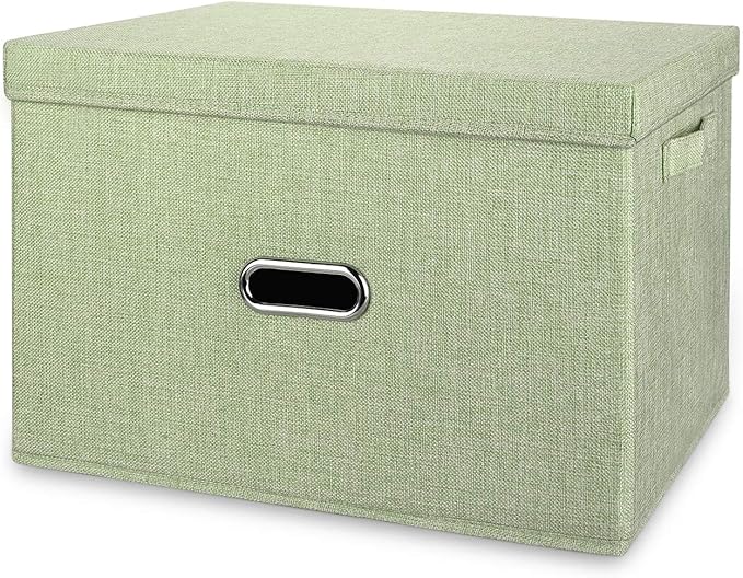 Large Linen Collapsible Storage Bins with Removable Lids and Handles, Washable Storage Box Containers Baskets Cube with Cover for Bedroom,Closet,Office,Living Room,Nursery (Green, Large)