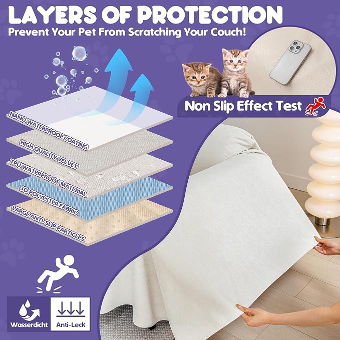 Loiion Cat Scratch Proof Furniture Protector Waterproof Sofa Cover 150"x71" | Pet-Friendly Couch Protector, Anti-Scratch & Anti-Slip Sofa Cover For Cats Dogs Kids, Machine Washable
