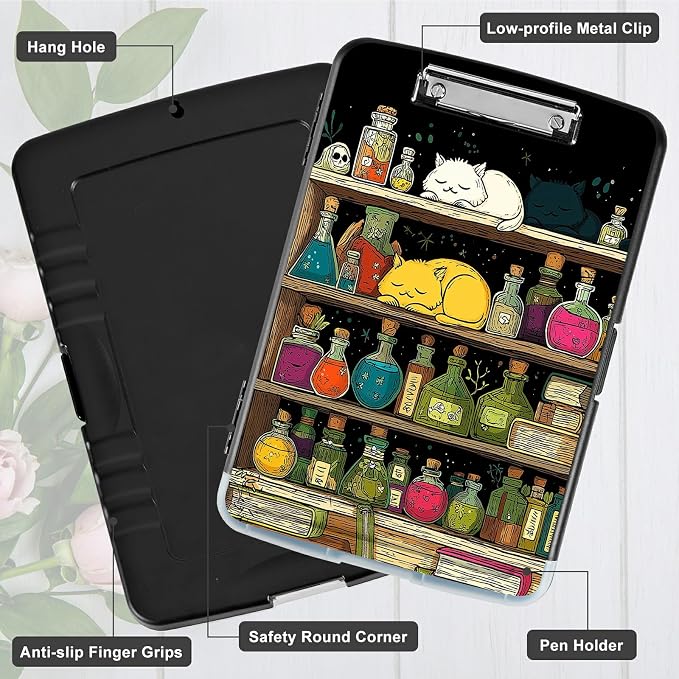 A4 Clipboard with Storage Pen Holder, Clipboards Organizer Nursing Clipboard Foldable File Folder Plastic Clipboard Folio Clip Board for Office Work Classroom Doctor, Vase Books Cat