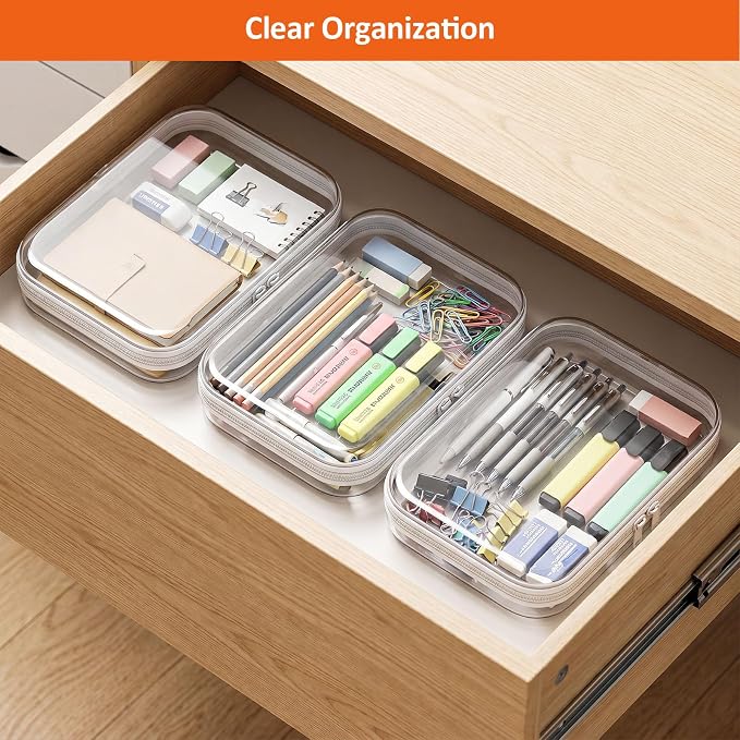 3 PCS Clear Hard Shell Zipper Case, Hard Plastic Zipper Pouches, Diaper Bag | Toy Organizer, Resistant, Storage Organizer Box for Travel, Makeup Bag, Toiletry Bag, Electronics, Pencil Pouches