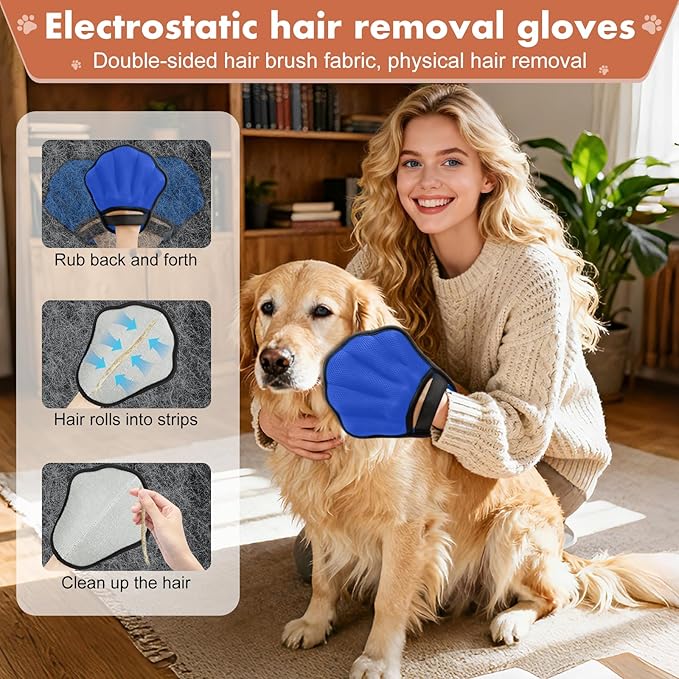 Pet Hair Removal Glove, Electrostatic Pet Hair Remover Glove for Cats & Dogs, Hair Remover Tools for Couch, Carpet, Clothing, Car Seat - Upgraded Five-Finger, Reusable, RoyalBlue+Darkgrey