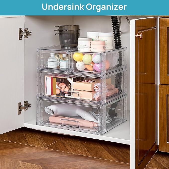 Vtopmart Clear Stackable Storage Drawers, 5 Pack Wide Storage Set | Wide and Small Pull-Out PET Drawers Designed for Large and Small Item Sorting, Cabinets, Closets, Pantry