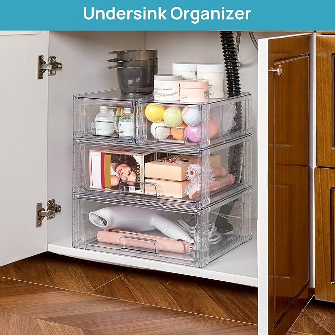 Vtopmart Clear Stackable Storage Drawers, 3 Pack Wide Organizer Set | Wide and Small Pull-Out PET Drawers with Stackable Design for Bathroom Organization, Cabinets, Closets, Pantry and Medicine