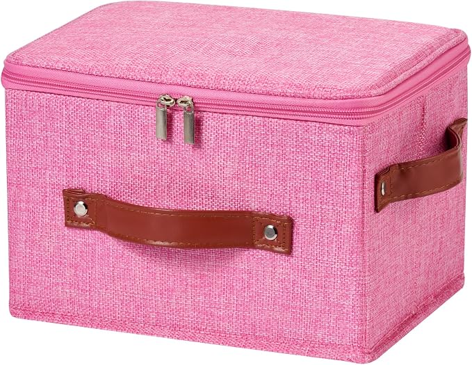 Storage Bin Box with Zippered Lid Decorative Collapsible Basket | Cotton Linen Fabric, Washable Foldable Stackable Clothes Container, Closet Shelf Organizer w/ PU Leather Handles, Pink-Small