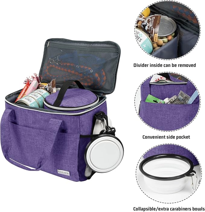 BAGLHER Dog Travel Bag Backpack Pet Supplies Backpack 5-Piece Set with Shoulder Strap 2 Lined Pet Food Containers 2 Foldable Feeding Bowls Essential Kit for Pet Travel