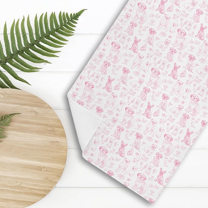 Pink Chinoiserie Dog Floral Decor Kitchen Towels，Dog Gifts for Kitchen Bathroom Decor,Pink Animal Print Grandmillennial Decorative Dish Tea Towels,16x24 Inch