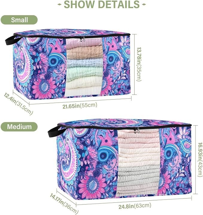 Generic Boho Paisley Flower Clothes Storage Bag Bins 2 Pack Foldable Storage Containers Large Closet Organizer with Zipper Under Bed Storage for Clothing Pillows Comforters 95L