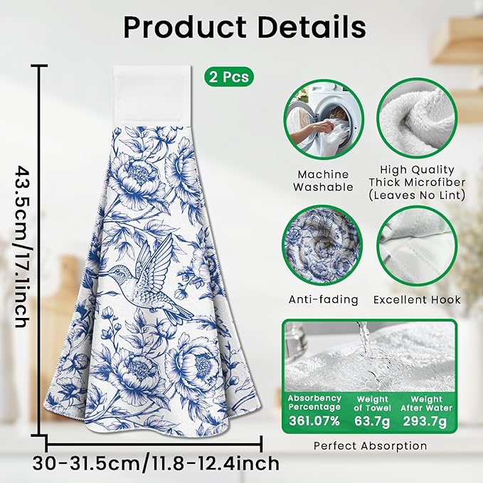 CUTHOLLOW Chinese-Style Flowers Hanging Kitchen Towels with Loop, Set of 2 - Soft & Super Absorbent Microfiber Decorative Hanging Dish & Hand Towel, Tea, Coffee Towel for Kitchen Bathroom Oven Handle