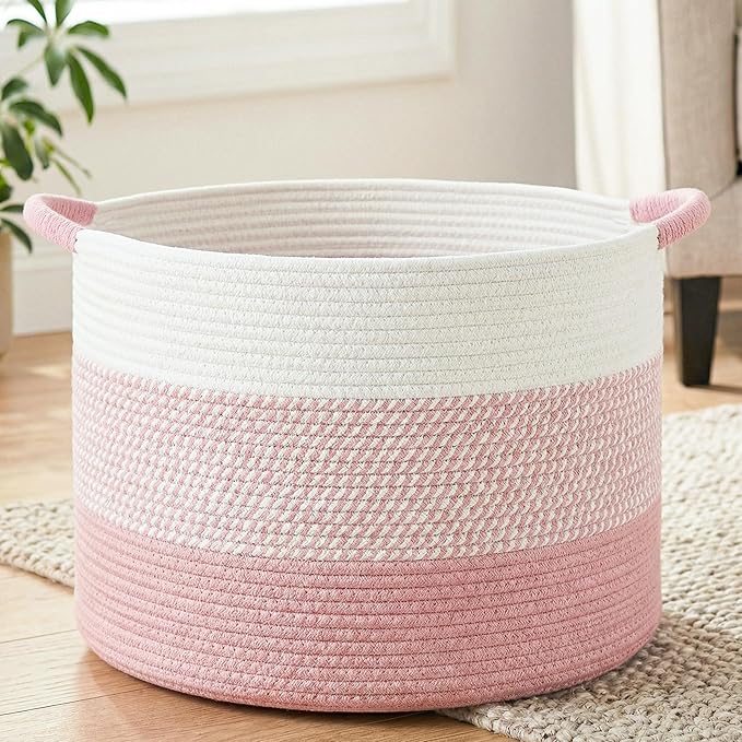 Artfeel 70L Large Cotton Rope Basket, Decorative Woven Blanket Storage for Living Room, Boho Toy Storage & Toy Box for Kids, Versatile Laundry Basket & Nursery Hamper for Blankets(Pink)