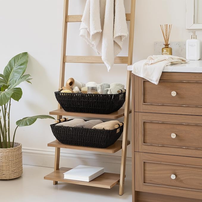 StorageWorks Large Wicker Storage Basket, Paper Rope Storage Baskets, Black | Wicker Storage Baskets for Shelves, Baskets with Wooden Handles, 2-Pack Gifts Basket for Home Decor, Hand-Woven Basket