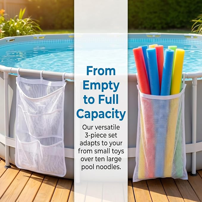 3 Pieces Pool Storage Set for Above Ground Pool Accessories, Hanging Pool Organizer Bags for Pool Noodles, Large Floats, Toys, Sports Balls, Towels & Beverages