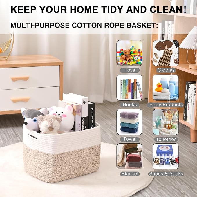 Storage Baskets for Organizing 14.8×11×9.5 Off White & Brown | Woven Storage Bins for Shelves, Toys, Books, Towels, Cotton Rope Basket for Living Room Bathroom Bedroom Nursery, 3 Packs
