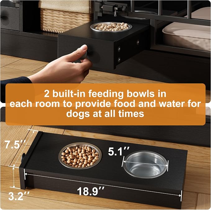 IDEALHOUSE 78.7" Double Dog Crate Furniture with Storage and 2 Doors, Black | Dog Kennel Indoor with Feeding Bowls, Wood Dog Crate TV Stand for Small Medium Dogs