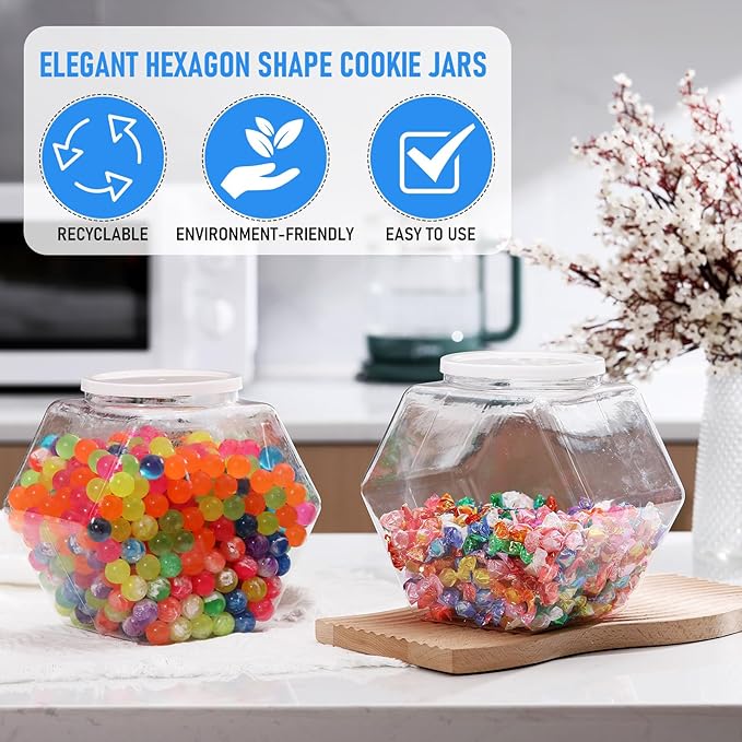 Uiifan Plastic Candy Jar with Lid Clear Hexagonal Fish Bowls,70 Oz | Clear Cookie Jar Desk Pet Display, Dog Food Craft Supplies Coffee Pod Storage, Wide Mouth Easy Access Organizer