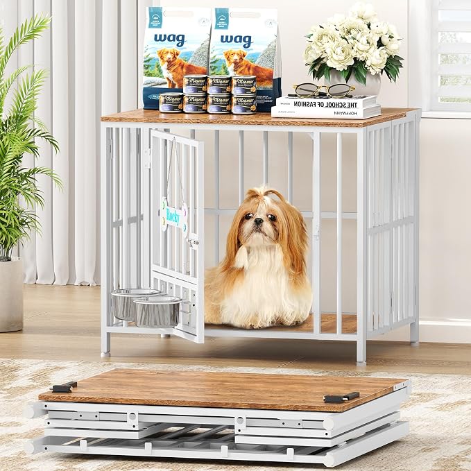 Easycom 27" Foldable Dog Crate Furniture, No Assembly, White & Beech | Decorative Wooden Dog Kennel Indoor With Adjustable Bowls and Name Tag, Small Dogs (Under 20 lbs), End Table