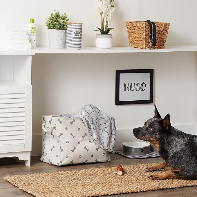 Bone Dry Pet Storage Collection Paw and Bone Print, Small Rectangle, 14x8x9, Gray