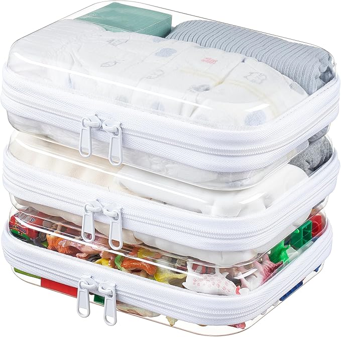 3-Pack Medium Clear Hard Shell Zipper Pouches, Clear Zipper Bags, Hard Case Pouches for Purse & Diaper Bag Organizer, and Travel Essentials (3M)