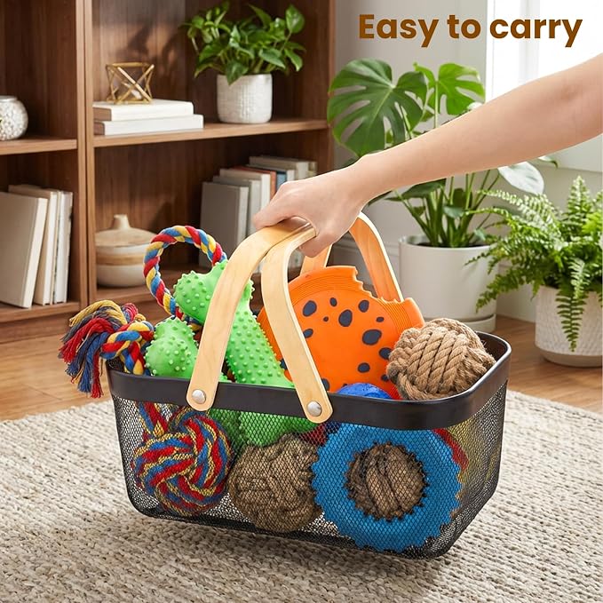 Metal Dog Toy Basket, Chew-Proof Food Bin with Handles | Medium Indestructible Feeding Storage Container, Pet Stuff Organizer Box for Living Room, Dog Leash, Blanket