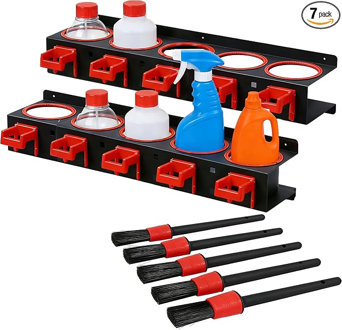 Wall-Mounted Spray Bottle Rack 2 Pack, Steel Garage with Hooks & Brushes | Rust-proof baked enamel finish, large capacity storage. Quick install, space-efficient for auto detailing & workshop use