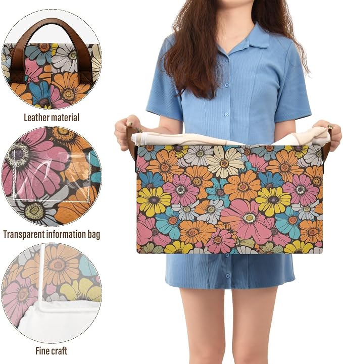 Retro Groovy Daisy Flower Storage Bins for Shelves with Labels&Handles Fabric Organizer Bin Vintage Floral Foldable Rectangle Storage Basket Orange Hippie Boxes for Closet, Home, Living Room, Laundry
