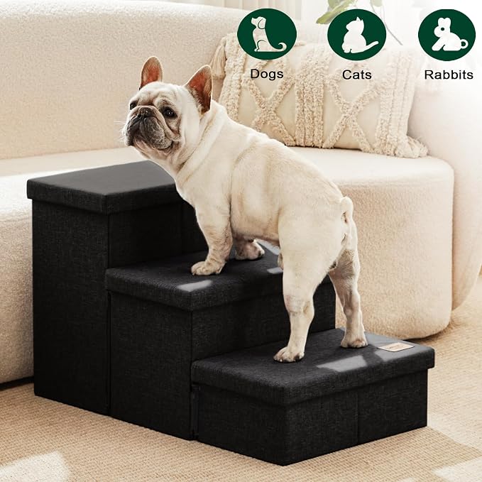 Love's cabin Dog Stairs for High Bed, Foldable Pet Stairs for Small Medium or Large Dogs Puppy with Storage for Bed or Couch, Cat Dog Steps Ramp with Zip up to 200 lbs, Black, 3 Steps