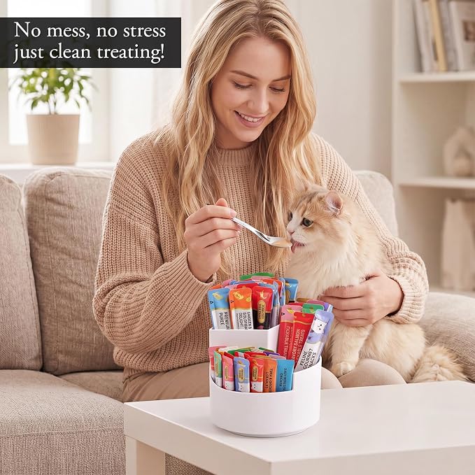 Lickable Cat Treat Organizer Lazy Susan Plastic Squeeze up Cat Food Storage Container with Spoon and 3 Compartments for Pantry Cabinet Kitchen Countertop Vanity, 4.3 x 4.7 Inch(White Layered)