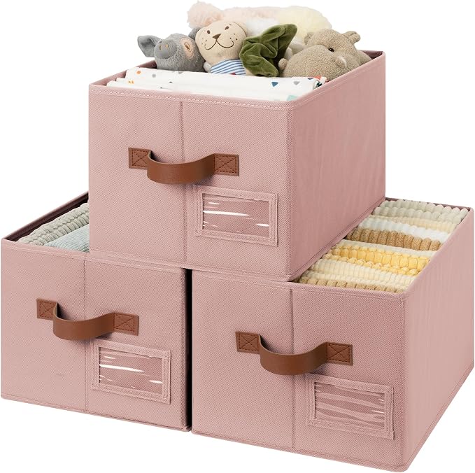 GRANNY SAYS Closet Storage Bins with Label, Dusty Pink, Medium, 3-Pack | Clothes Storage Bins with PU Handles, Closet Organizer for Shelves, Collapsible Decorative Storage Box